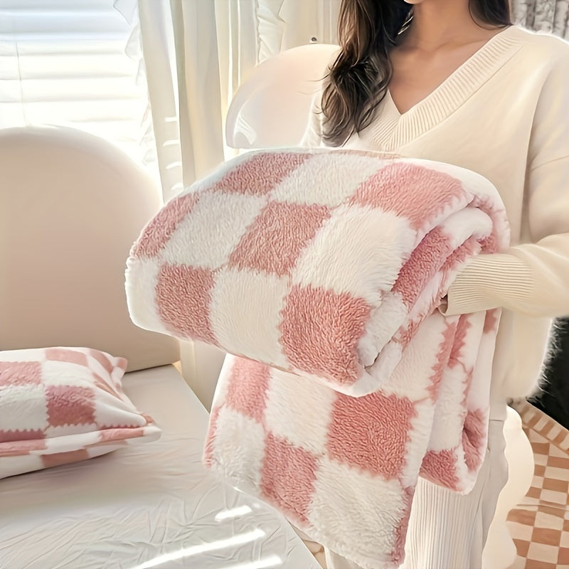 Traditional style soft panda velvet polyester cozy plaid flannel blanket, ideal for all-season use. This multipurpose throw is washable and perfect for travel, pets, and keeping warm during air conditioning. Weighs 300-350gsm.