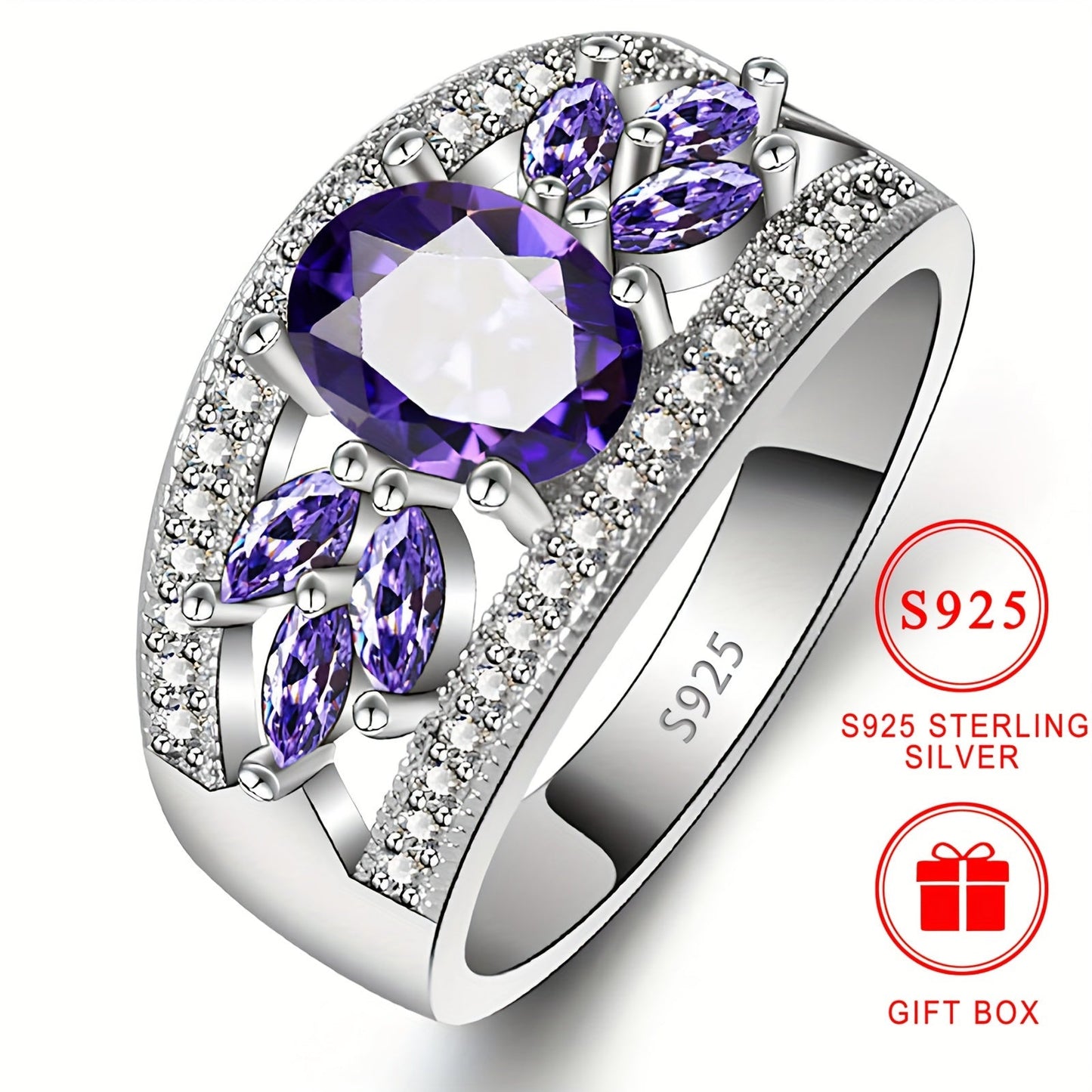 Luxurious S925 Sterling Silver Ring with Sparkling Purple Cubic Zirconia, Hypoallergenic and Nickel-Free, Ideal for Everyday Wear and Gift-Giving. Comes with a Gift Box, perfect for a touch of luxury and blingbling style, suitable for any occasion.