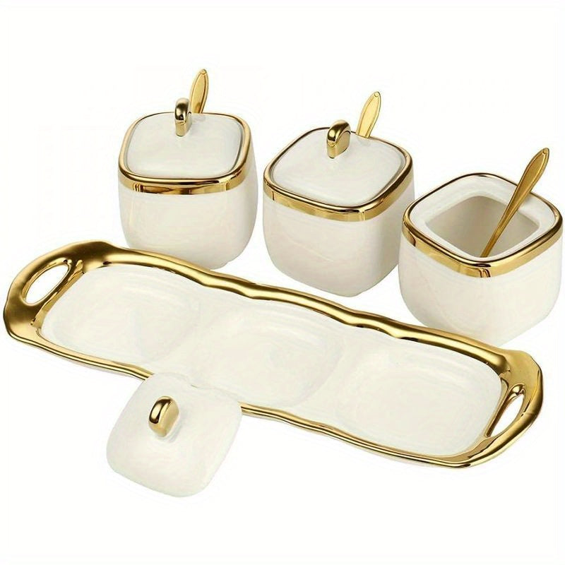 3-Piece Porcelain Condiment Jar Set with Lids - Includes Sugar Bowl, Spice Jar, and Seasoning Box - Perfect for Organizing Your Kitchen Counter