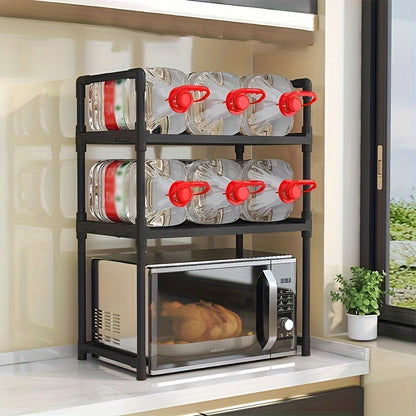 A modern kitchen storage shelf with stainless steel microwave stand and double layer, multi-layer oven rack organizer. Made with metal and plastic materials, this contemporary all-in-one piece is perfect for the dining room and requires no assembly.