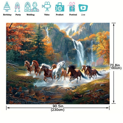 Polyester horse-themed wall backdrop for various occasions, no electricity required. Ideal for classrooms, libraries, photo booths, studios, and celebrations.