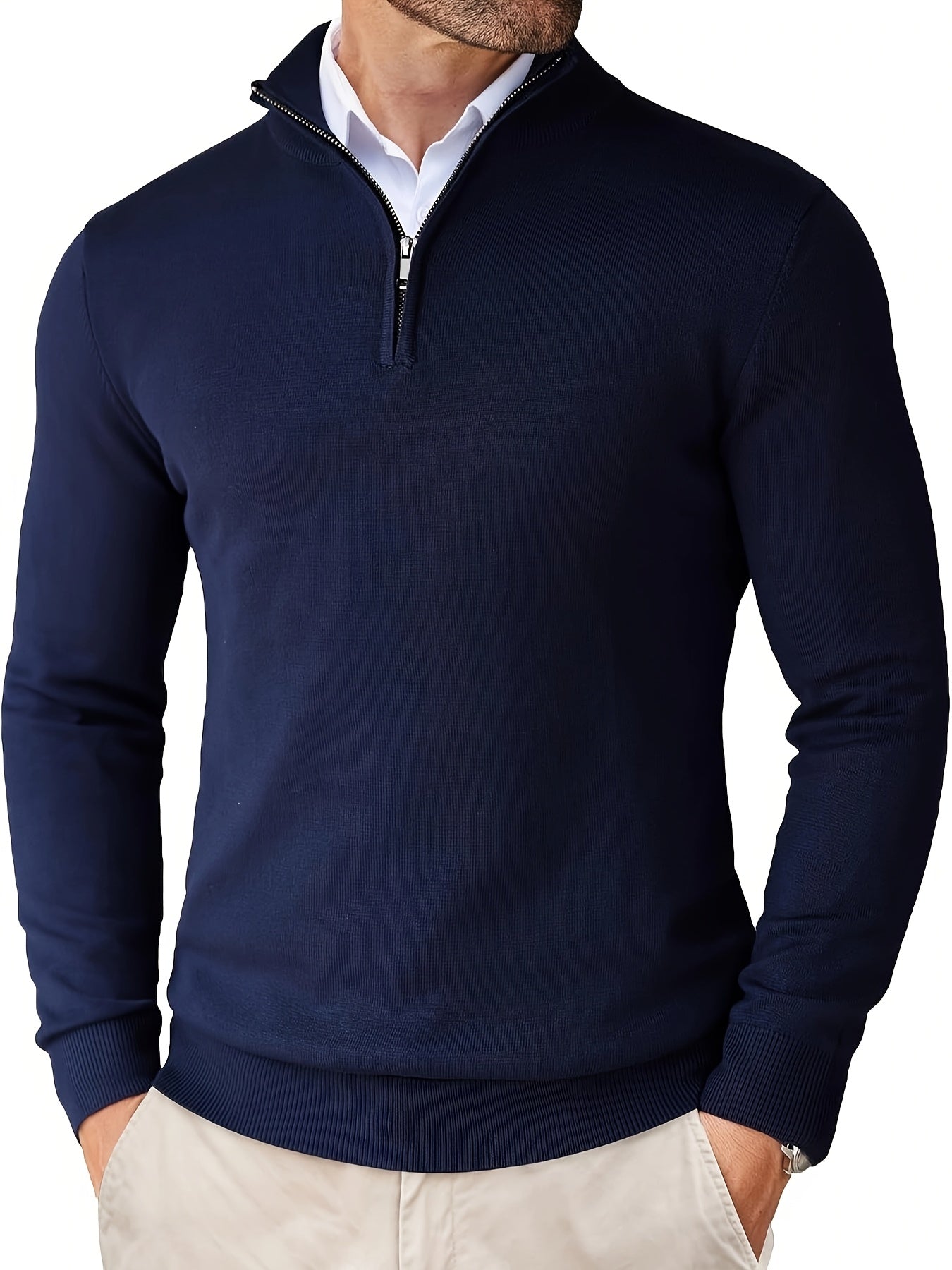 Men's Solid Knitted Pullover with Half Zipper, Casual Long Sleeve Sweater for Outdoor wear.