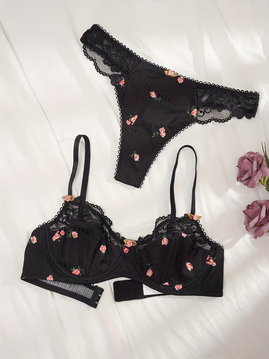 Floral print bra set and cute push-up bra with lace thong lingerie for women