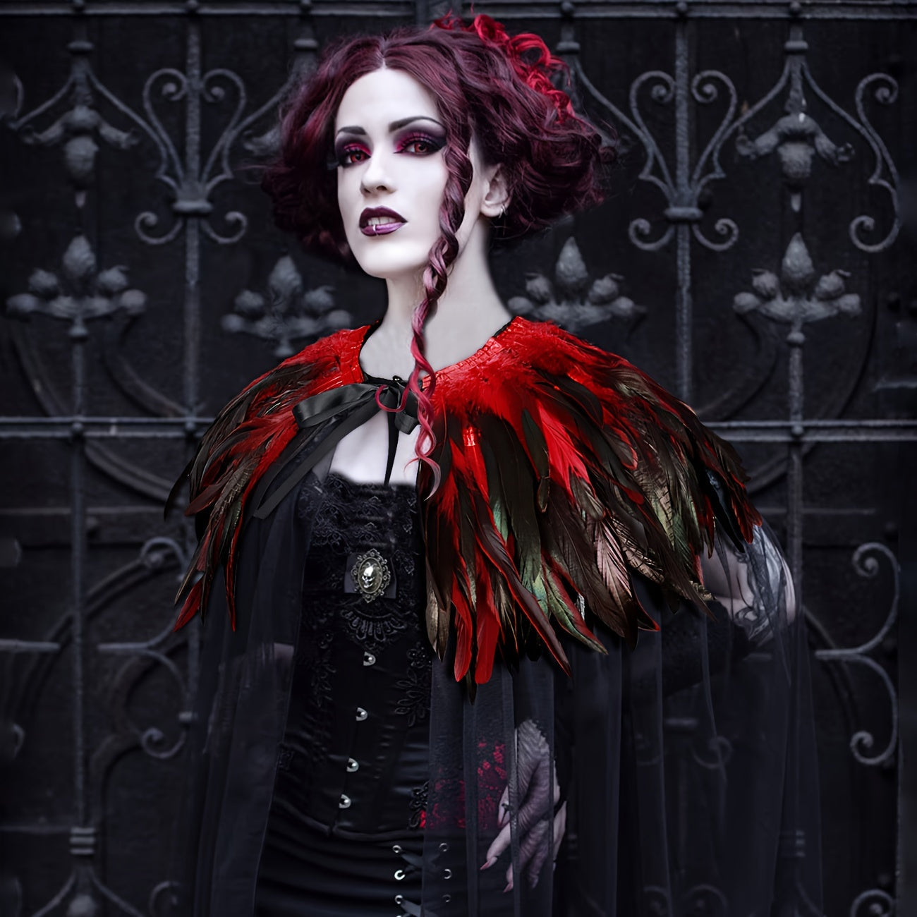 L'VOW Evil Queen Witch Costume - Perfect for Halloween Cosplay. Includes Feathered Cape, Long Robe & Shawl. Stand out in this Funky Polyester Masquerade Outfit from L'VOW.