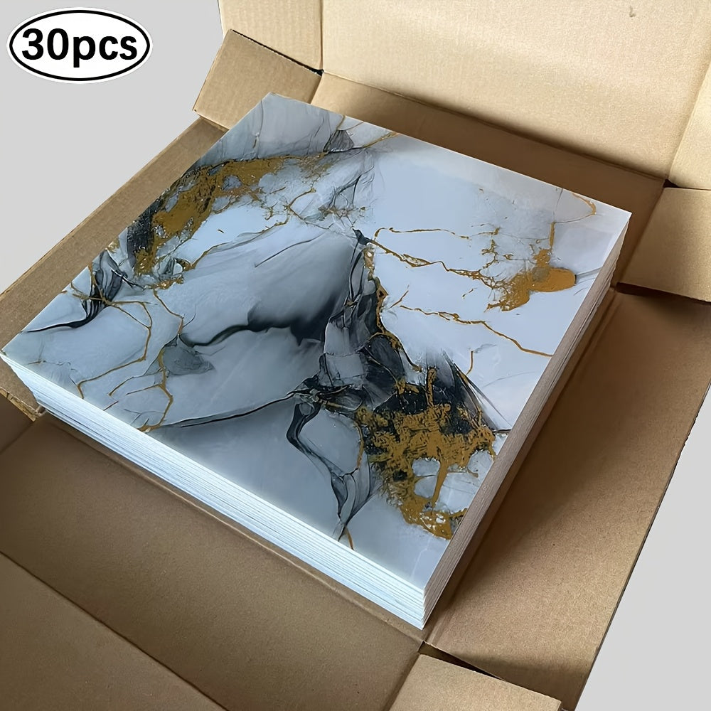 30 self-adhesive marble effect wall tile stickers in black and golden design, waterproof PVC material, cuttable and peelable, ideal for kitchen and bathroom, each sticker measures