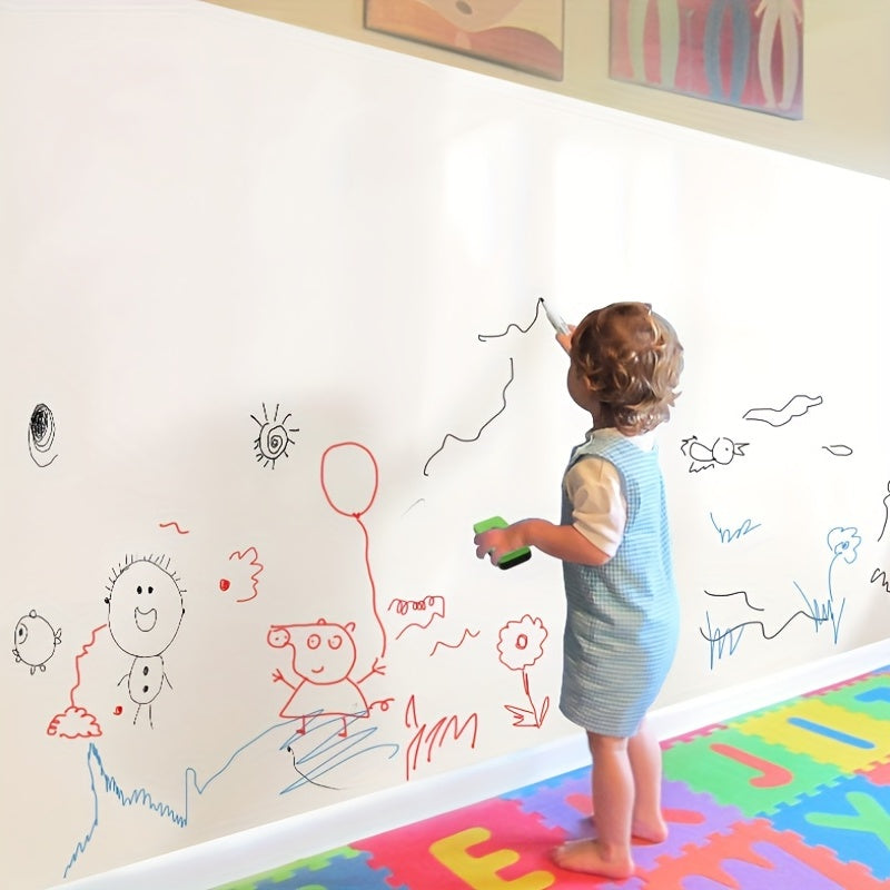 Electrostatic whiteboard roll for writing, drawing, and graffiti on office and home walls. Washable, removable, and protective decoration.