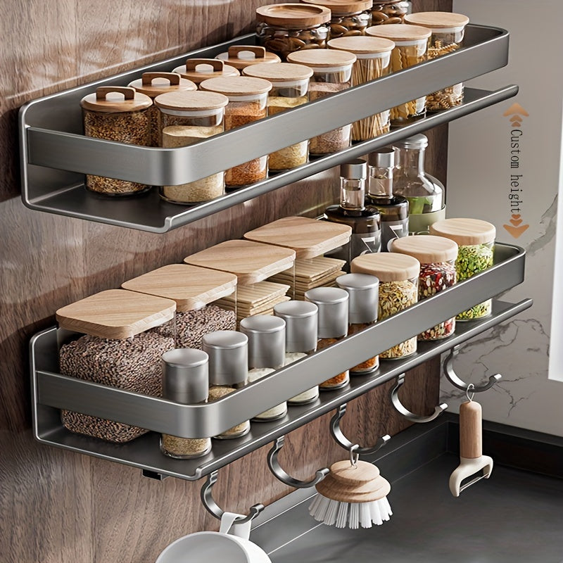 One gun gray stainless steel seasoning rack, designed to hang on the wall without the need for drilling. Comes with 5 hooks for additional storage. Ideal for organizing kitchen seasoning bottles.