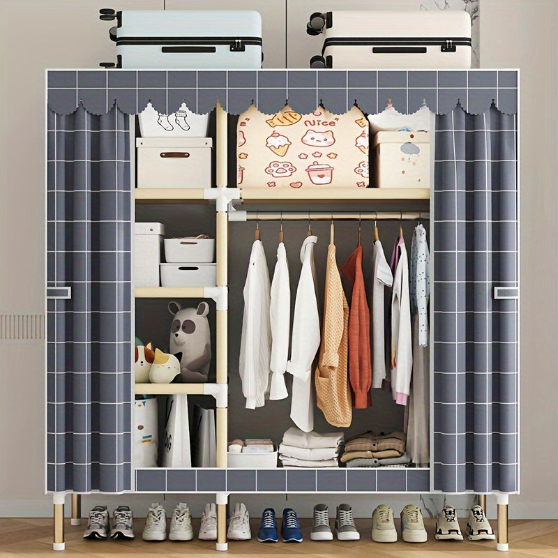 Solid color wide assembly with 10 shelves, 3 hanging rods, and plaid fabric. Portable closet for organizing wardrobe.