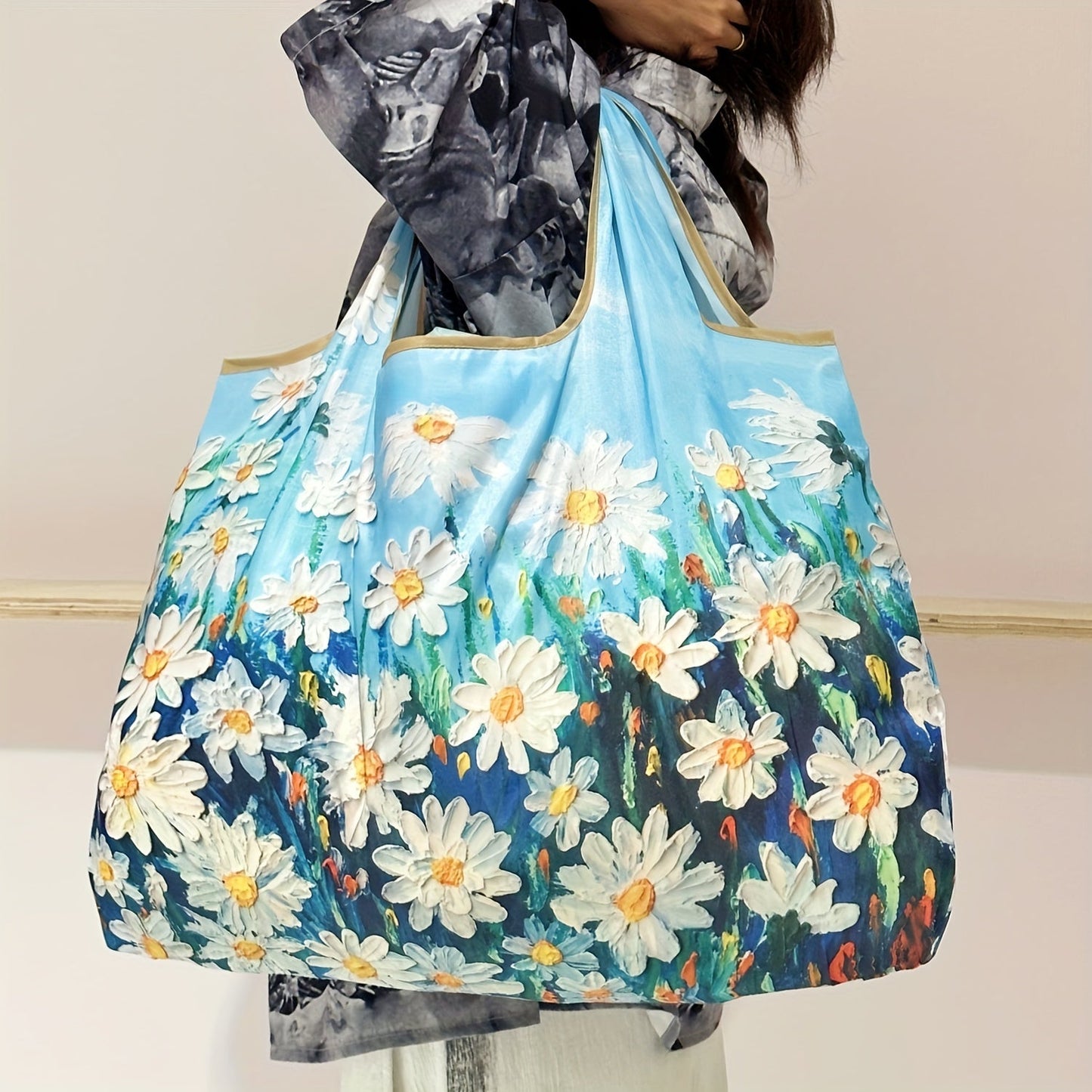 Reusable foldable grocery shopping tote bags featuring an oil painting pattern of flowers. Perfect for travel and conveniently fits in your pocket. Easily machine washable for reuse.