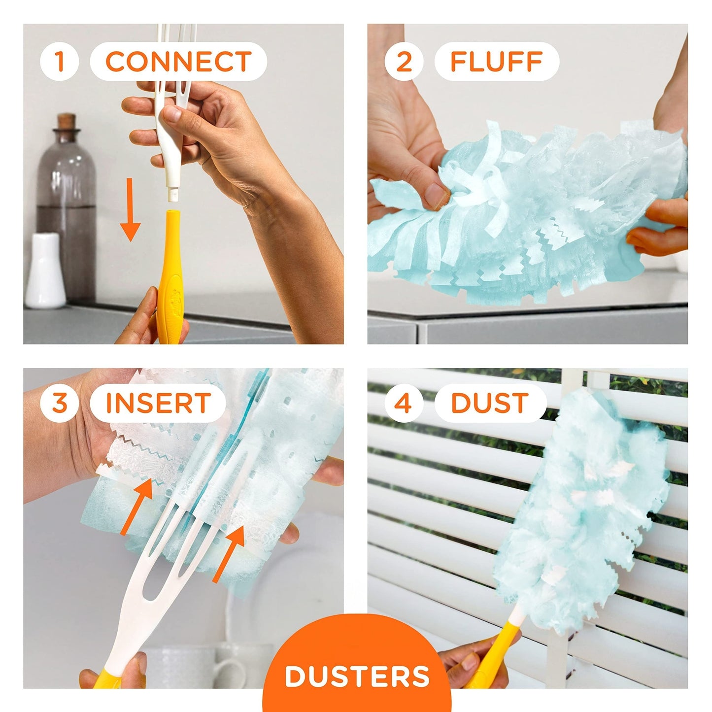 Multi-functional electrostatic dust duster set with disposable cloth, ideal for dusting homes, furniture, cars, keyboards, and other surfaces.