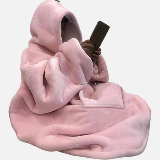 Snuggle up in style with our ultra soft sherpa fleece wearable blanket hoodie, complete with a giant pocket. Perfect for both men and women, available in pink for the ultimate cozy experience.