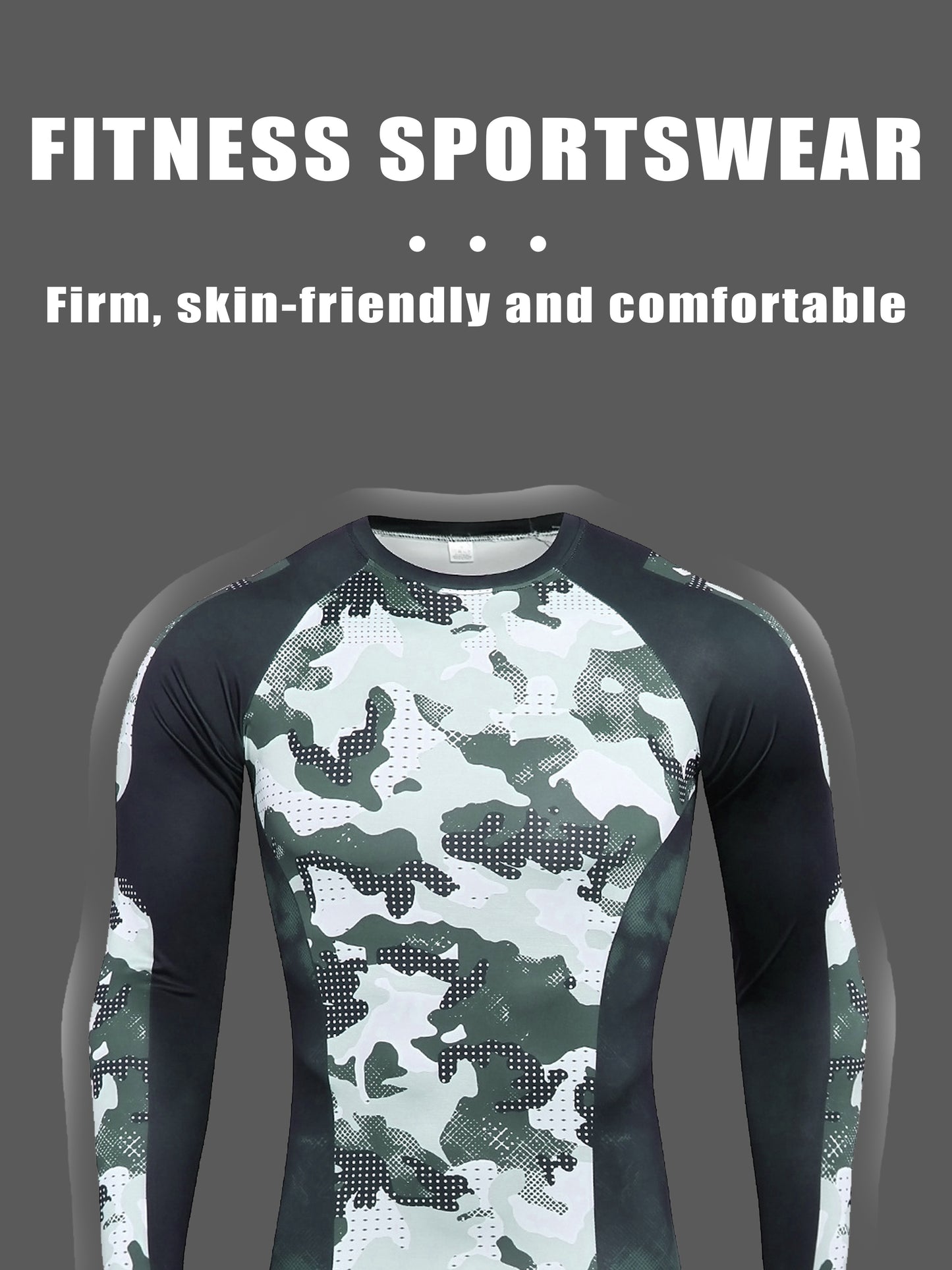 3-piece men's athletic body shaper set in breathable polyester and spandex, featuring long sleeve, round neck, and knitted casual style with random print design.