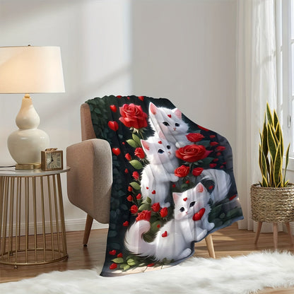 The Cozy Rose Cat Flannel Throw Blanket is both versatile and warm, perfect for use on the couch, in the car, at the office, for picnics, or camping. Made of soft polyester, this all-season blanket is sure to keep you cozy wherever you go.