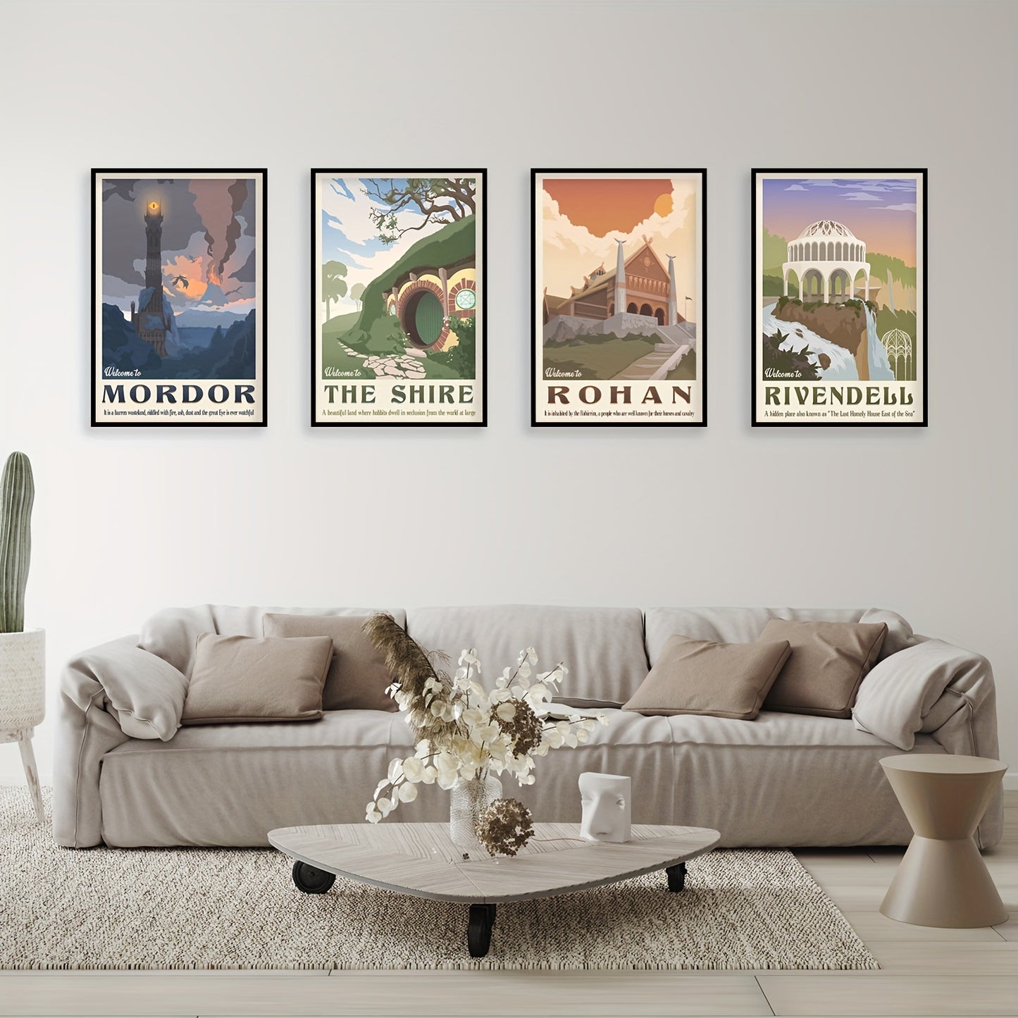 Set of 4 Middle Earth landscape canvas paintings, perfect for decorating any room without the need for frames