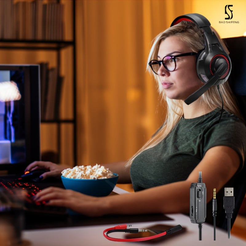 Anime gaming headset with microphone, 7.1 surround sound, push-to-talk control, noise isolating ear cup design, plastic material, 3.5mm jack, wired for desktop, laptop, and console gaming.