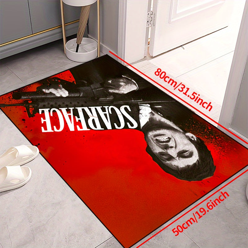 Add a touch of 'Scarface' style with this non-slip mat featuring a red background. Easy to clean and waterproof, available in multiple sizes for use in living rooms, bedrooms, entryways, outdoor patios, and gardens.