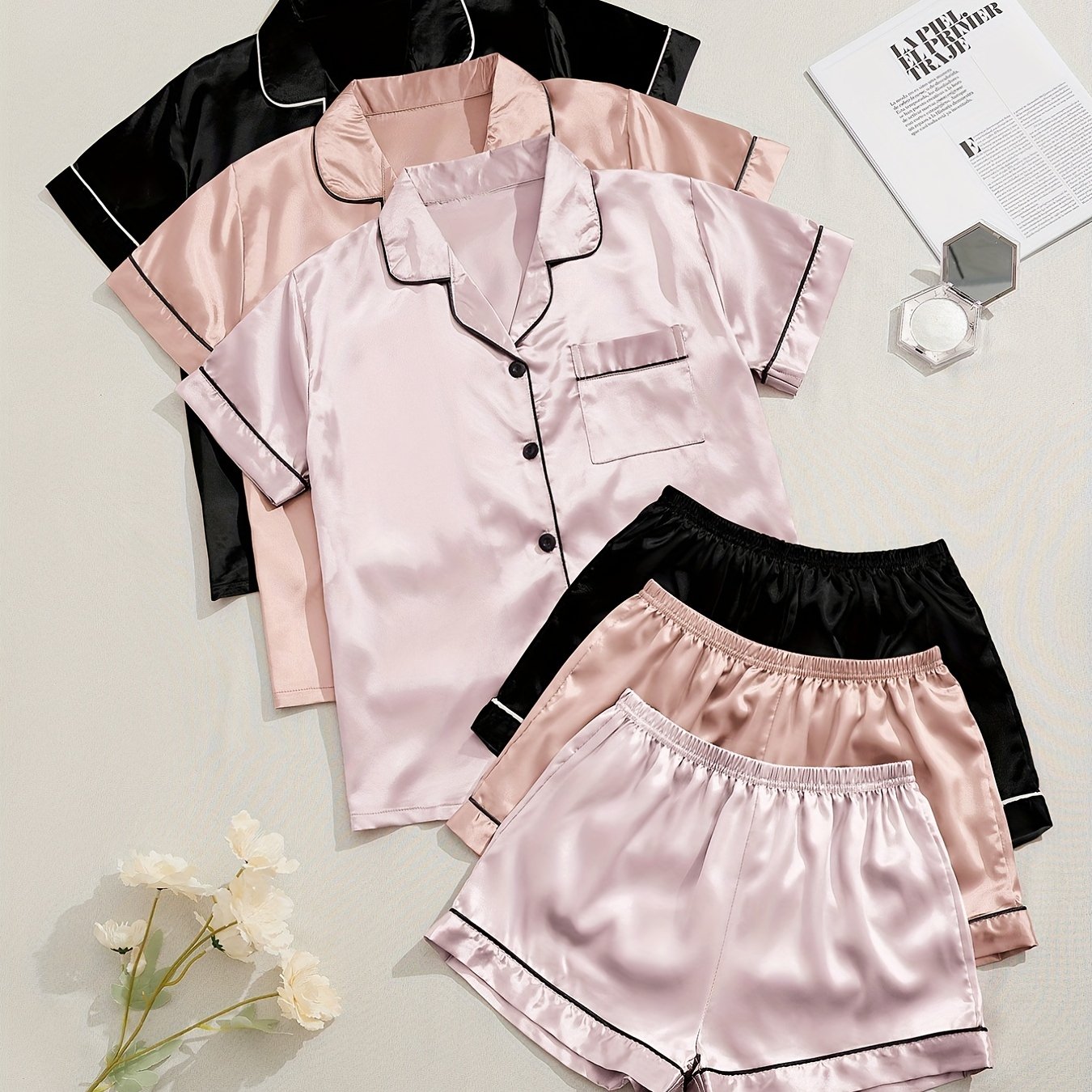 Women's two-piece pajama set in multicolor variety of short-sleeved shorts and solid color imitation satin.