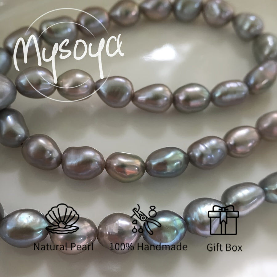 Handcrafted with care, the MYSOYA 100% Handmade Natural Gray Freshwater Baroque Pearl Long Necklace features pearls measuring 7-8mm in size. It comes packaged in a gift box and is suitable for both men and women. This versatile piece is ideal for