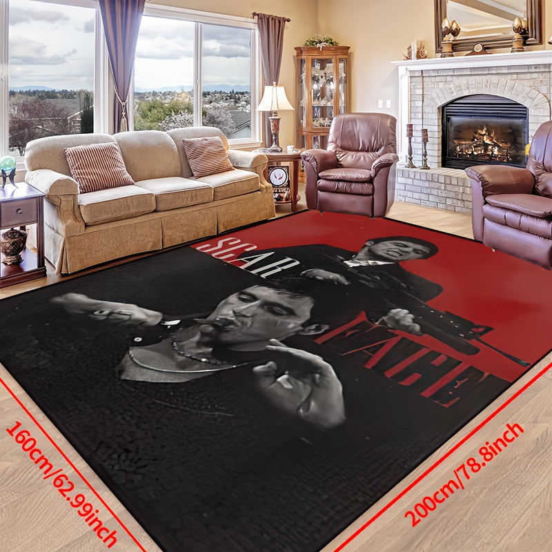 Area rug featuring a scarred man with a cigar and gun design, made of durable polyester, non-slip, and machine washable. Perfect for use in the living room, bedroom, hallway, or even outdoor spaces. Available in various sizes: 15x23, 19x31, 31x47, 39x59