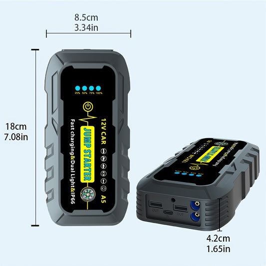 Compact 1000A Portable Car Jump Starter with Dual USB Outputs and Smart Safety Jumper Cables starts dead batteries quickly and safely. Includes flashlight, compass, and multiple safety