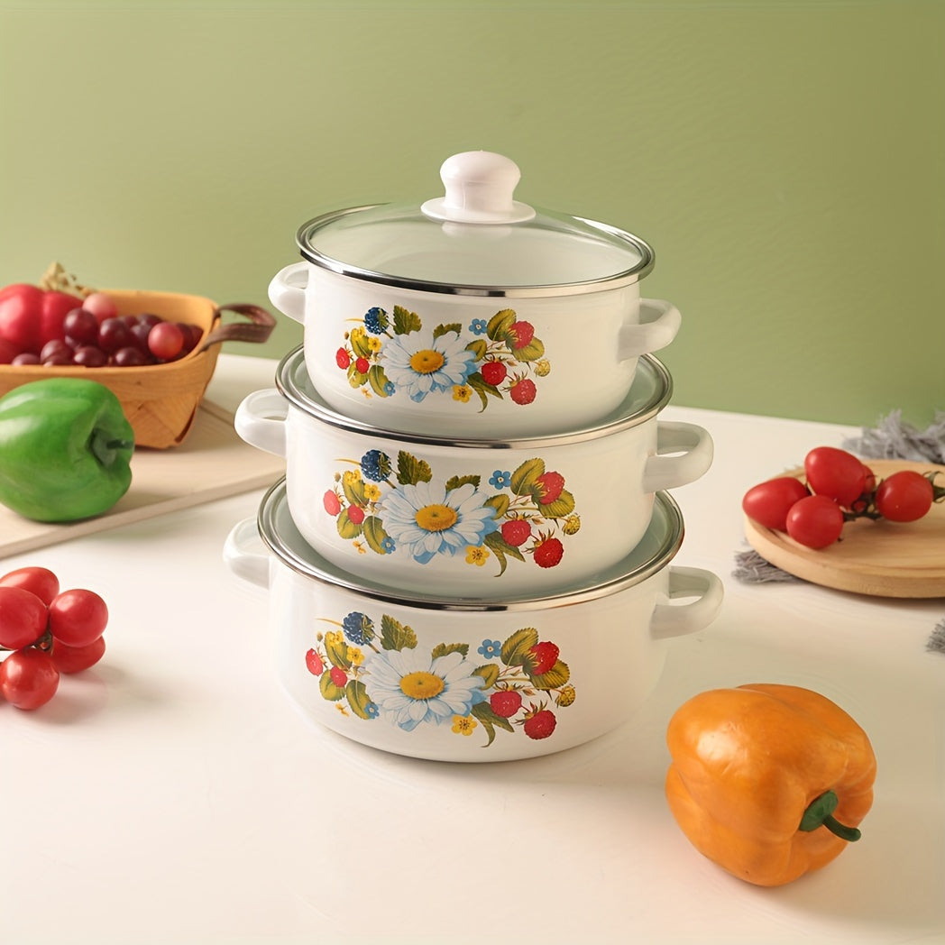 Three-piece multifunctional enamel set including a pot, boiling pot, and soup pot. This versatile set is perfect for use in restaurants, home kitchens, outdoor cooking, and on gas or electric stoves.