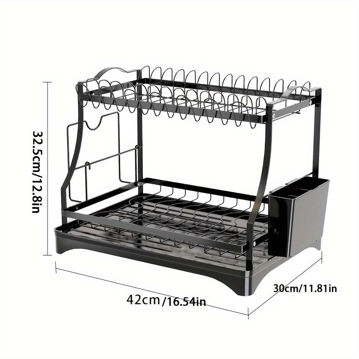 Iron kitchen dish rack with drainboard for dishes, bowls, cups, and utensils.