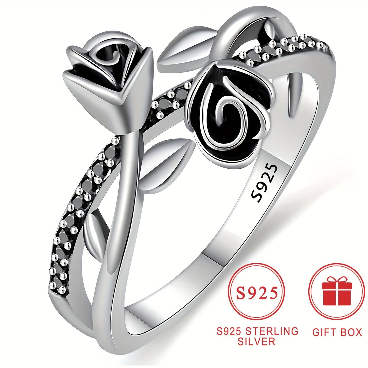 Chic Vintage Style S925 Silver Cross Ring featuring a Black Rose design with sparkling Cubic Zirconia stones. Ideal for Everyday Wear, Special Occasions like Parties, Weddings, Anniversaries. Hypoallergenic and Nickel-Free. Comes with Gift Box.