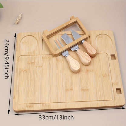 Premium bamboo cutting board and cheese cutter set for slicing fruits, cheese, and butter - Great gift for Father's Day and Mother's Day.