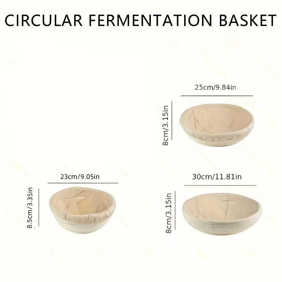 Set of two modern round bread proofing baskets with liners made from rattan. This banneton basket kit is ideal for baking artisan sourdough bread, providing a non-stick fermentation basket for home bakers and bread making.