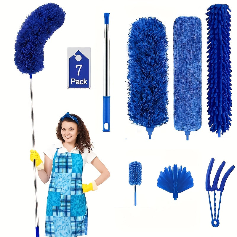 Bundle of six to seven microfiber dust dusters, with a feather duster belt, a telescopic extension pole of 279.4 cm, a reusable flexible dust duster, a washable lightweight dust duster, perfect for cleaning ceiling fans and cars.