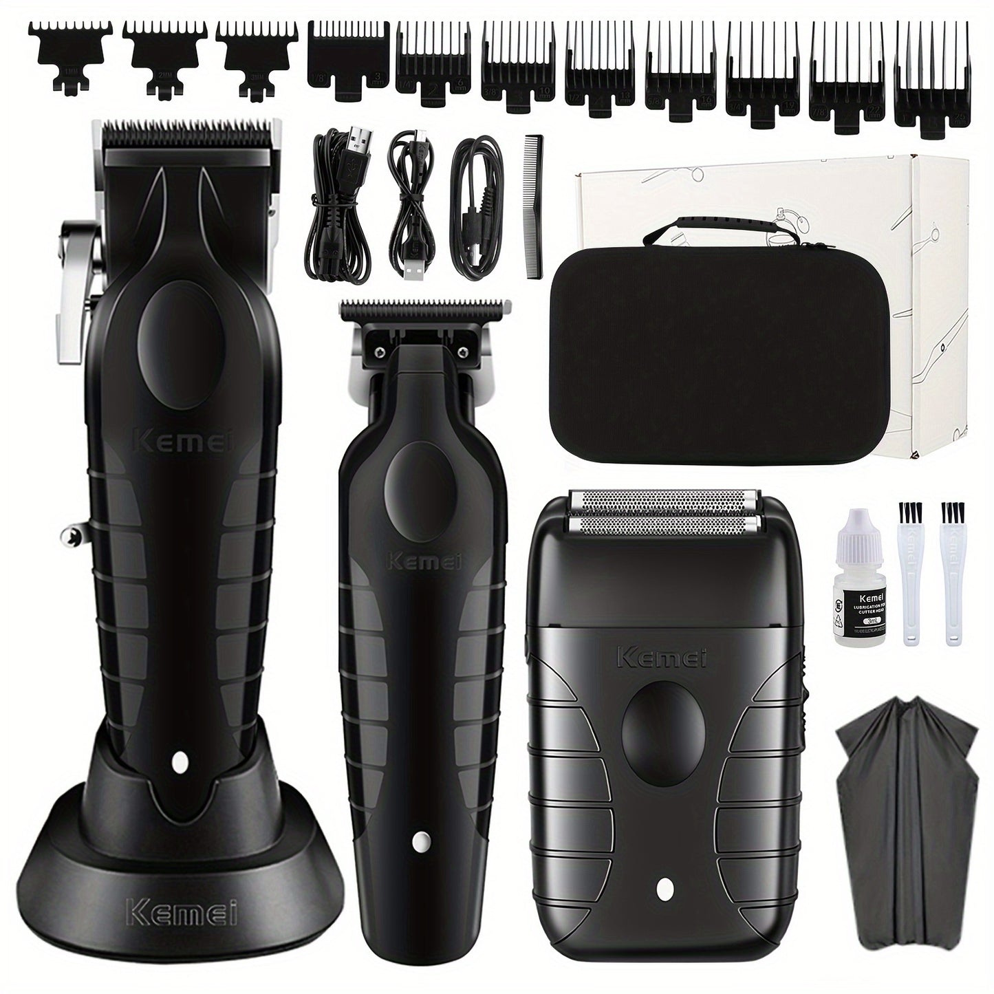 Kemei Professional Electric Hair Clipper Set in Black, Multi-piece, USB Rechargeable, Beard Trimmer, Styling Tools