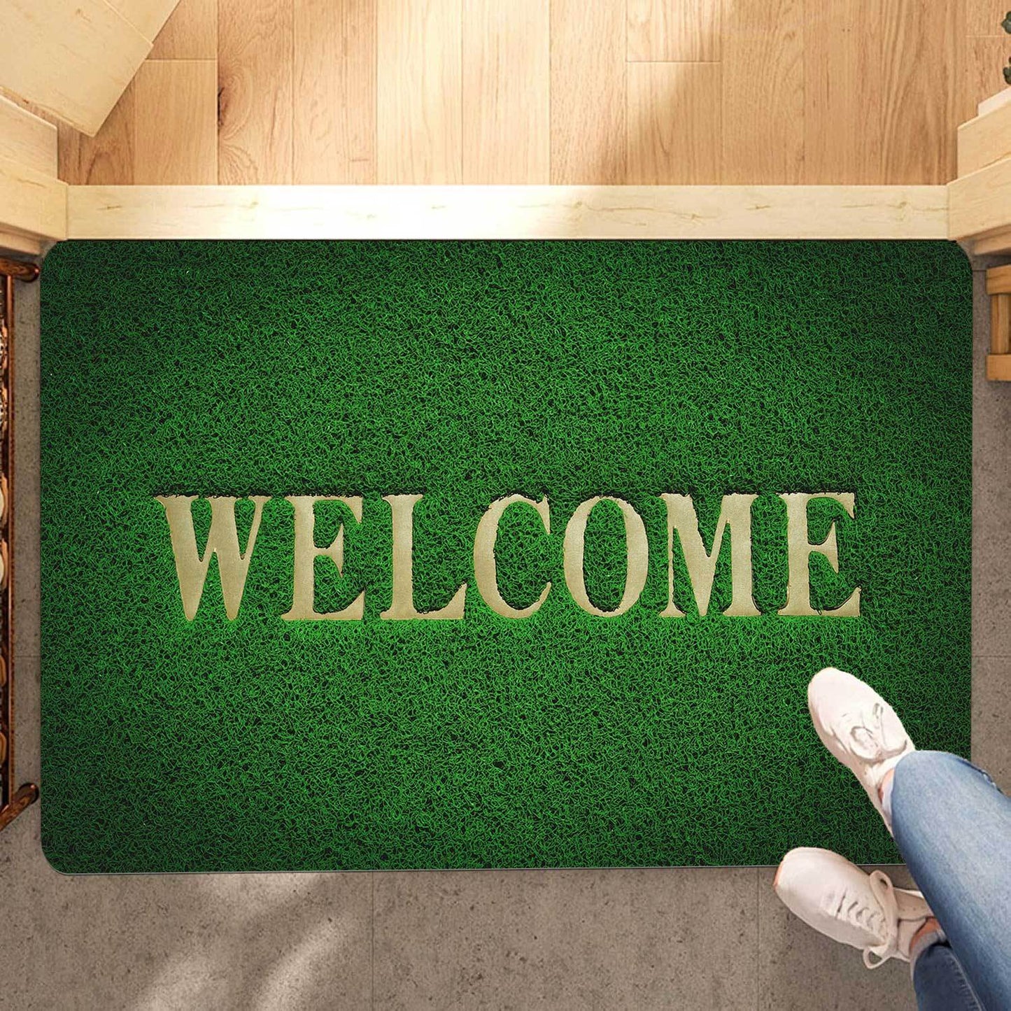 Welcome guests with our Green Grass Print Doormat, featuring a non-slip absorbent polyester floor mat that is machine washable. Perfect for any room in your home, including the living room, bedroom, bathroom, and kitchen for added home decor.