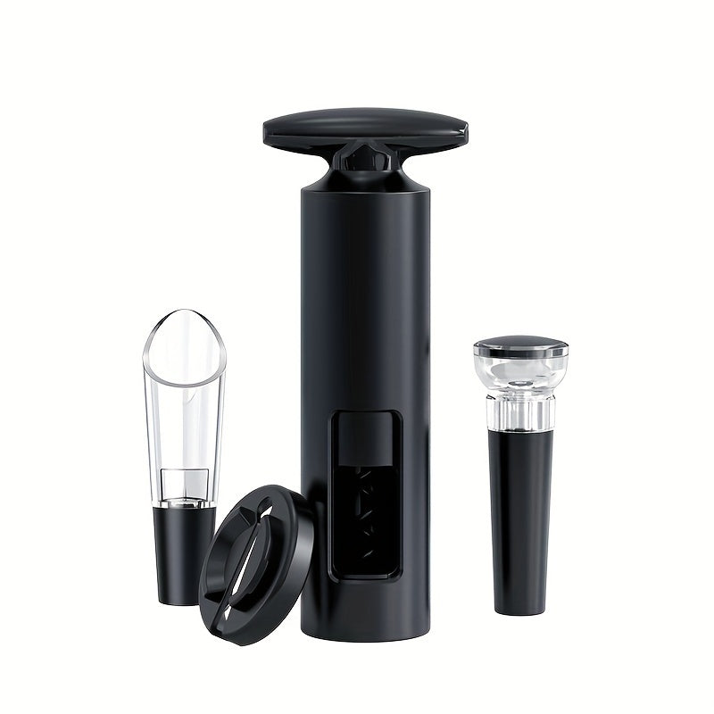 4-piece wine accessories set includes a wine opener, foil cutter, pourer, and vacuum stopper made of food-grade materials for manual corkscrewing, foil cutting, pouring, and wine preservation.