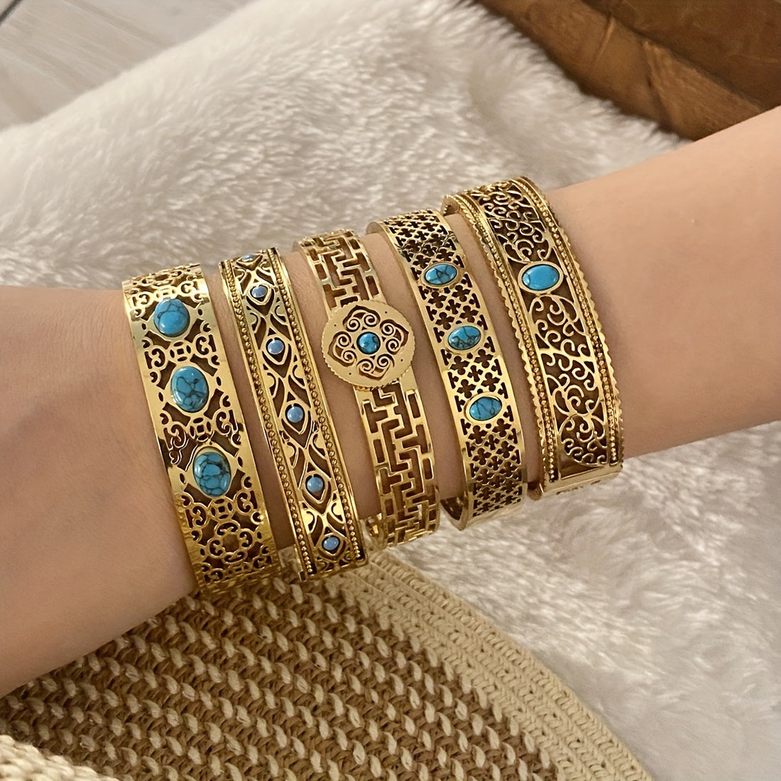 1pc of Vintage Style 18K Golden Plated Stainless Steel Bracelet featuring Turquoise Inlay and Hollow Pattern Design, specially designed for women as a Daily Wear Jewelry piece. This bracelet is the perfect Valentine's Day Gift.