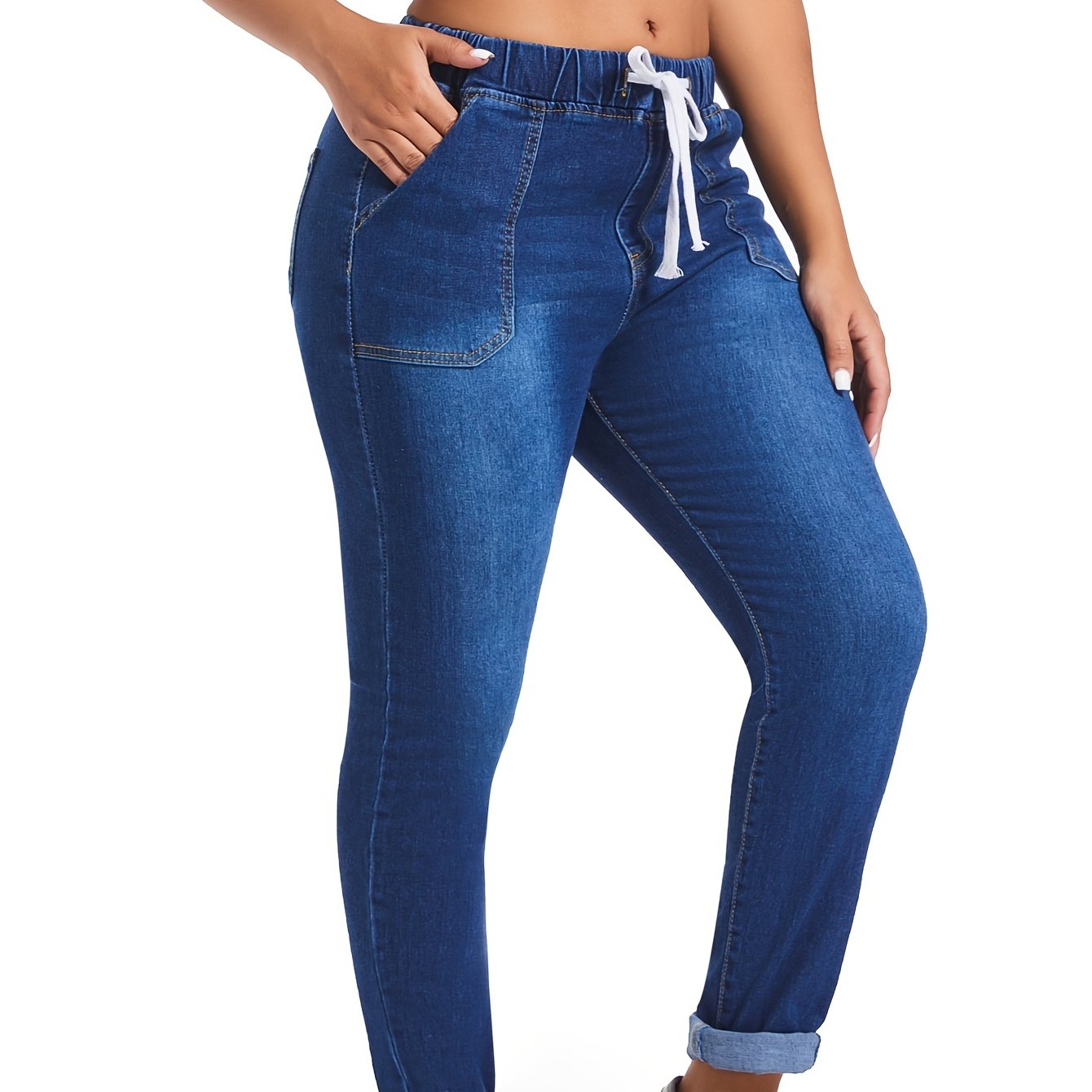 Vintage style women's plus size skinny jeans with drawstring waist, made of 49% polyester and 3.0% spandex denim.