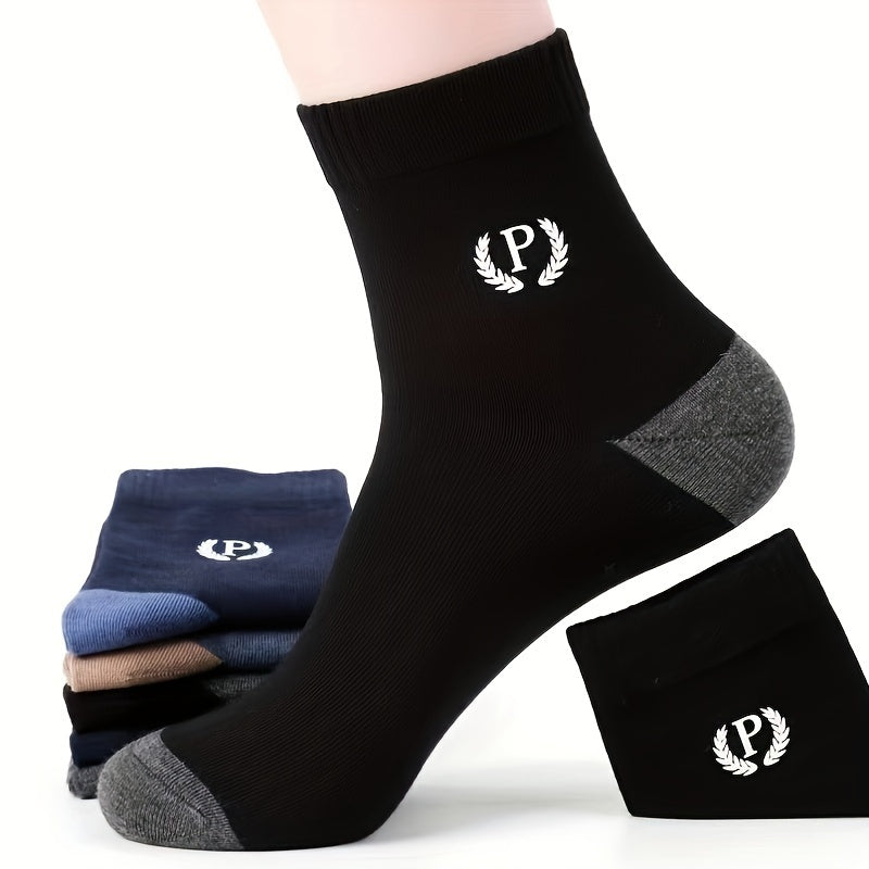 6 pairs of men's socks with alphabet pattern, made of 80% polyester and 20% spandex blend. Breathable and comfortable for daily and outdoor use, suitable for all seasons. Hand wash only.