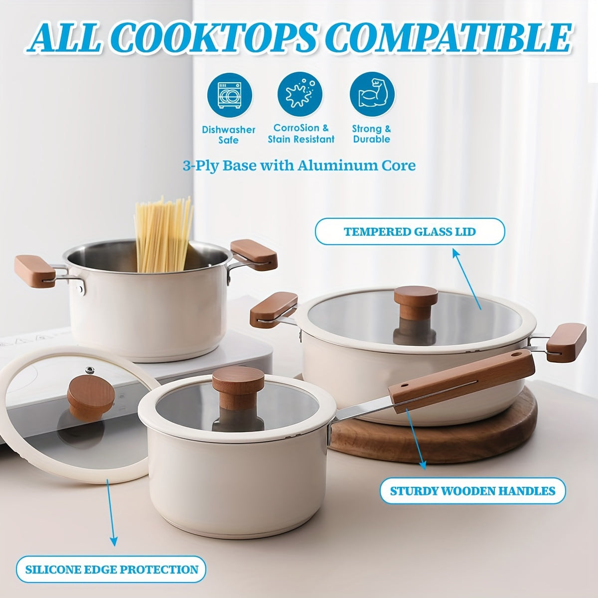 Stainless Steel Kitchenware Set with High Temperature Ceramic Paint, Tempered Glass Lid, and Wooden Handle. Features a 3-layer Aluminum Core Base, Suitable for All Stoves. Includes Beige Sauce Pot, Soup Pot, and Hot Pot.