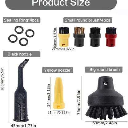 The steam cleaner accessories set includes 8 pieces specifically for Karcher SC1 SC2 SC3 SC4 SC5 models. It comes with 4 round brushes, 1 large round brush, and 3 replacement nozzles, all made of plastic. No electricity is required, making it an ideal