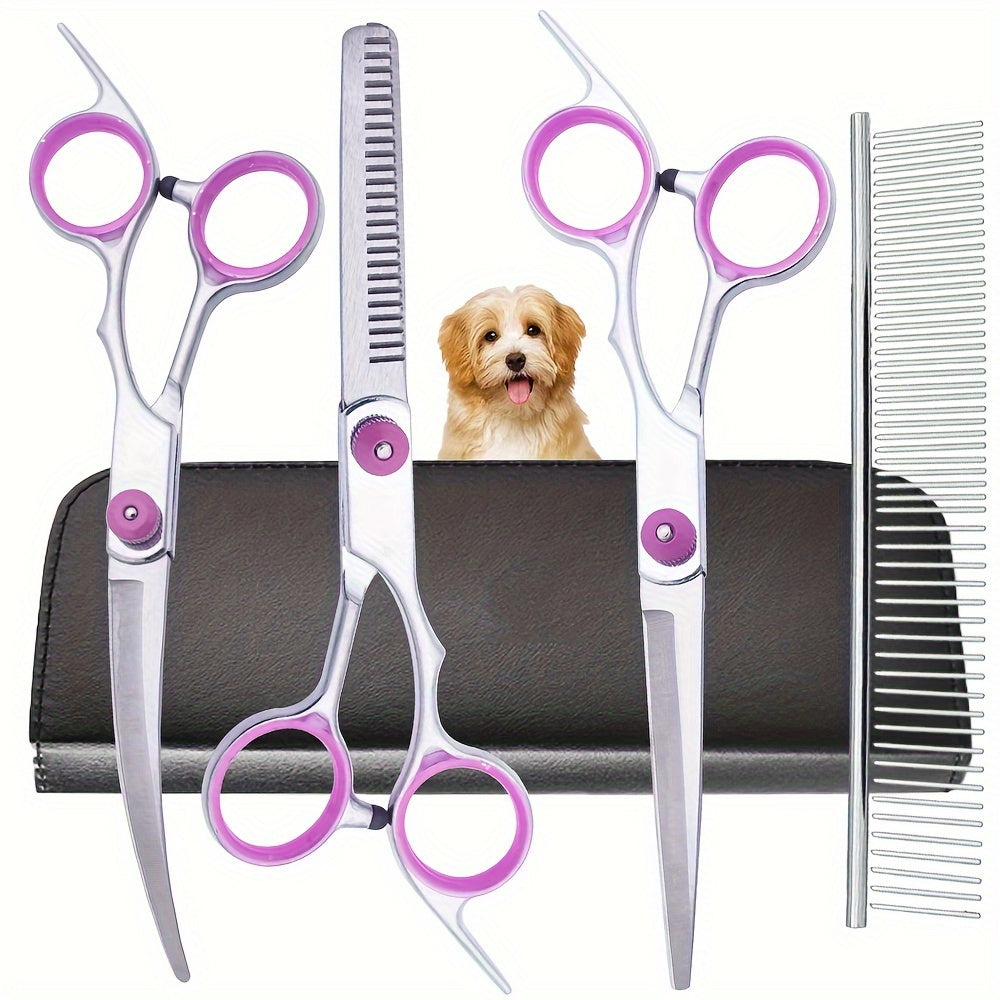 Professional 5-in-1 grooming kit for dogs and cats, includes curved shears, comb, and trimming tools.