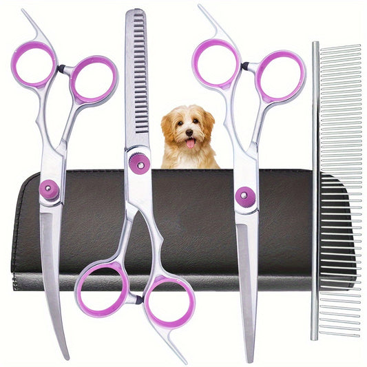 Professional 5-in-1 Stainless Steel Dog Grooming Kit for Dogs and Cats, includes Curved Scissors, Comb