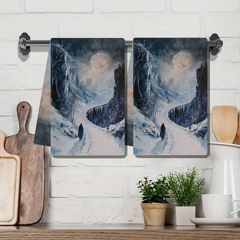 Two pieces of ultra soft kitchen towels featuring the Painted World of Ariandel design. These highly absorbent and machine washable dish hand towels measure 40.64x60.96 cm, making them ideal for holiday decor and drying dishes.