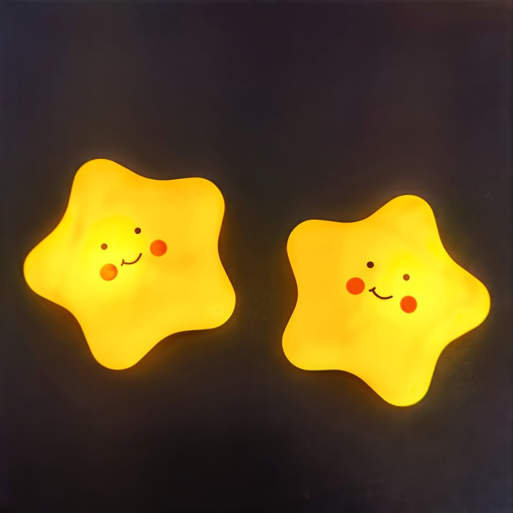 Star-shaped LED night light with cute smile expression, emits soft yellow glow, made of plastic and operates on batteries. Perfect for room decor.