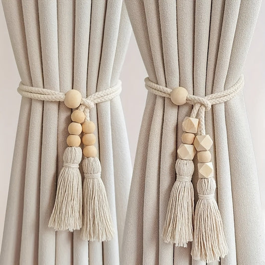 Set of 2 Bohemian Style Wooden Bead Curtain Tiebacks with Tassels - Stylish Holdbacks for Living Room, Bedroom, Kitchen Décor