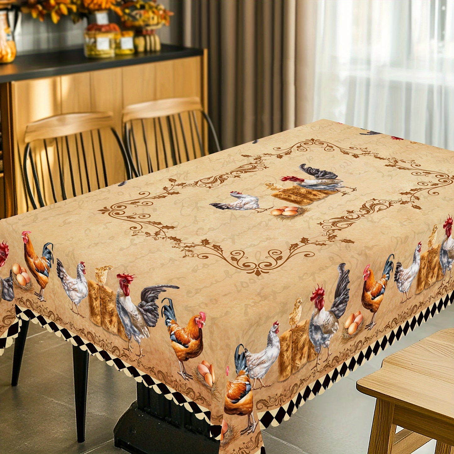 Retro farmhouse tablecloth featuring rooster, chick, and egg prints for daily use in homes, restaurants, terraces, picnics, and courtyards. Suitable for indoor and outdoor settings. Great gift for family and friends.