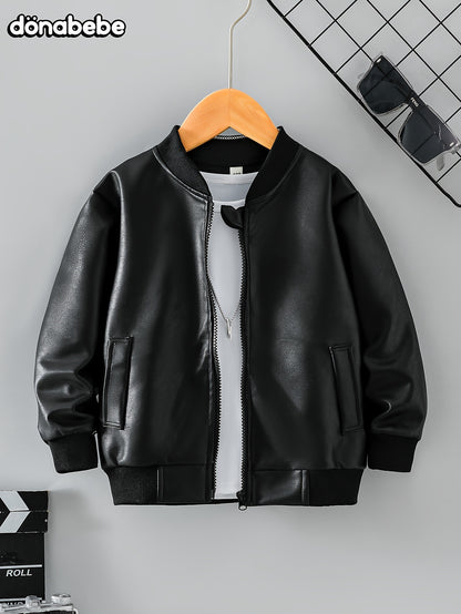 Donabebe Boys' Fashion Black Leather Jacket with zipper closure, made of polyester with lapel collar and faux fur coat.