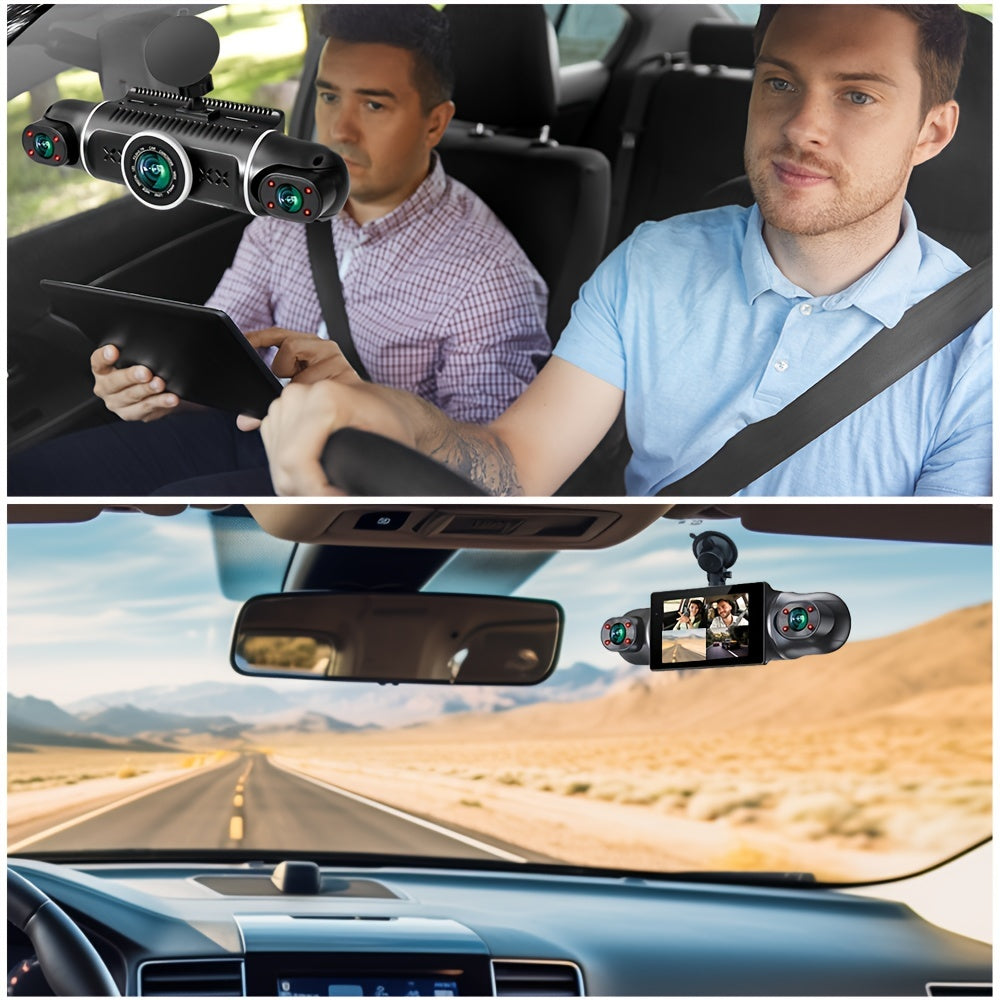 Wireless 4-channel GPS dash cam with 24-hour parking mode and memory card, recording 360° front, left, right, and rear views.