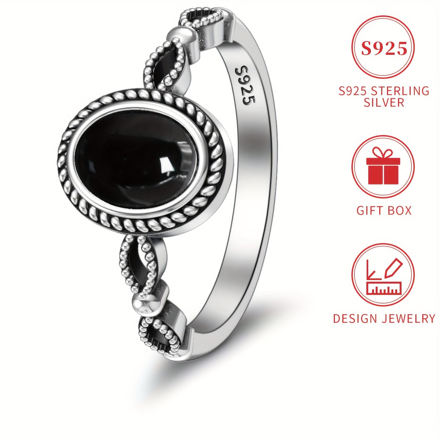 This stunning vintage oval design ring is crafted from high-quality S925 sterling silver with a black agate stone and 18K gold plated accents. Perfect for daily wear or gifting, this elegant piece comes in a gift box and weighs only 2g. Ideal for parties