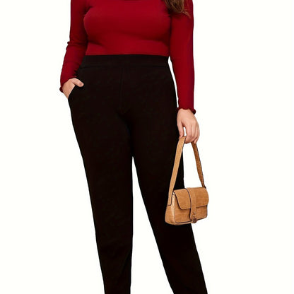 High-waisted, slim-fitting straight-leg pants for plus size, made of polyester with pockets. Ideal for Spring/Fall and machine washable.