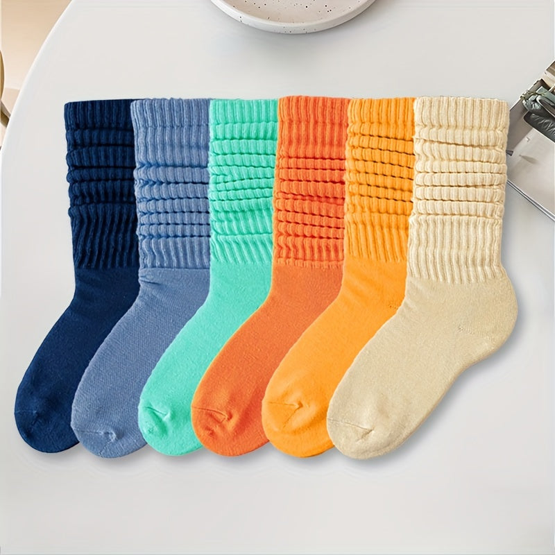 6 pairs of women's mid-tube socks, solid colors, comfy and soft.