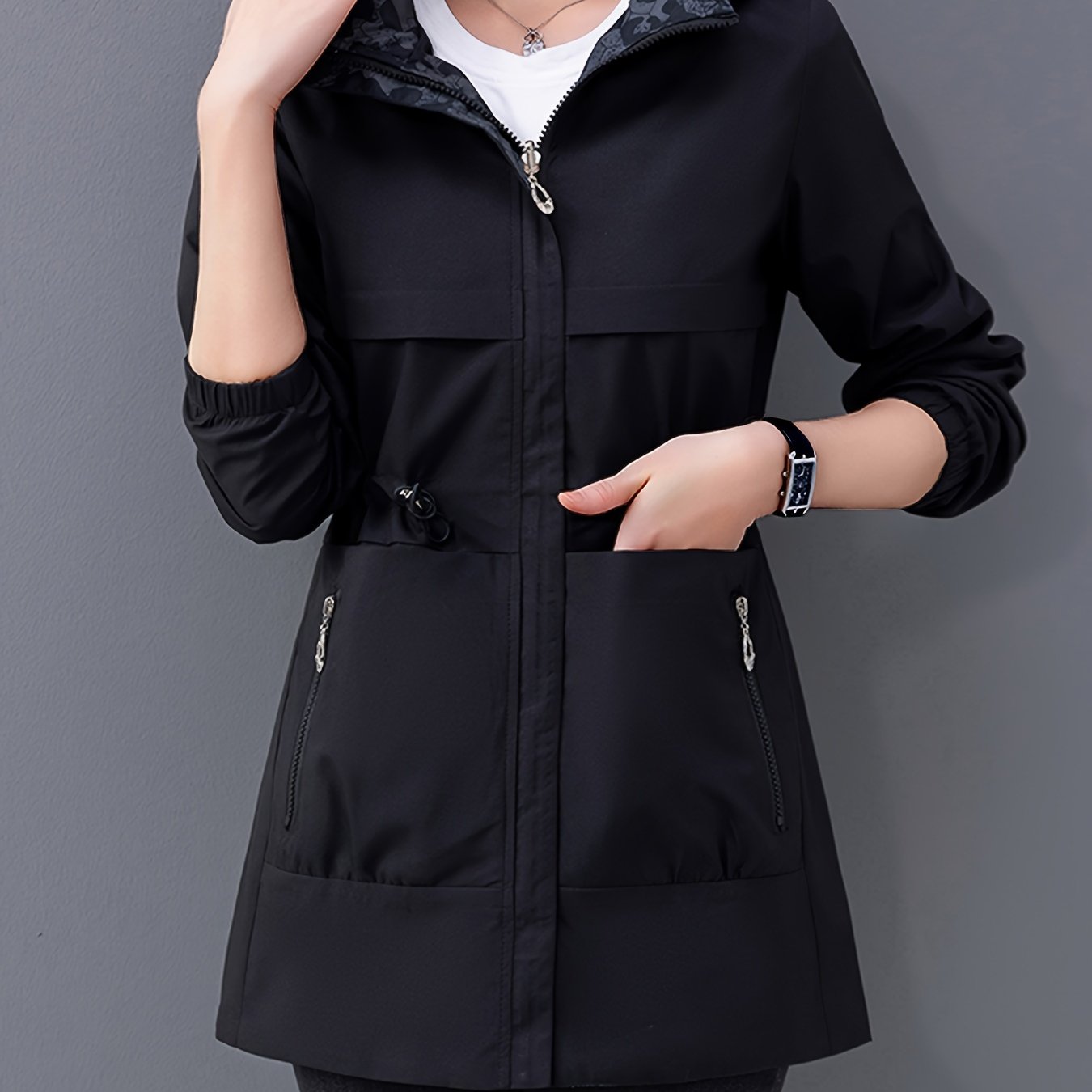 2025 Spring/Autumn reversible hoodie jacket for women with drawstring waist. Made of windproof and waterproof polyester, featuring a zip closure and drawstring hood.